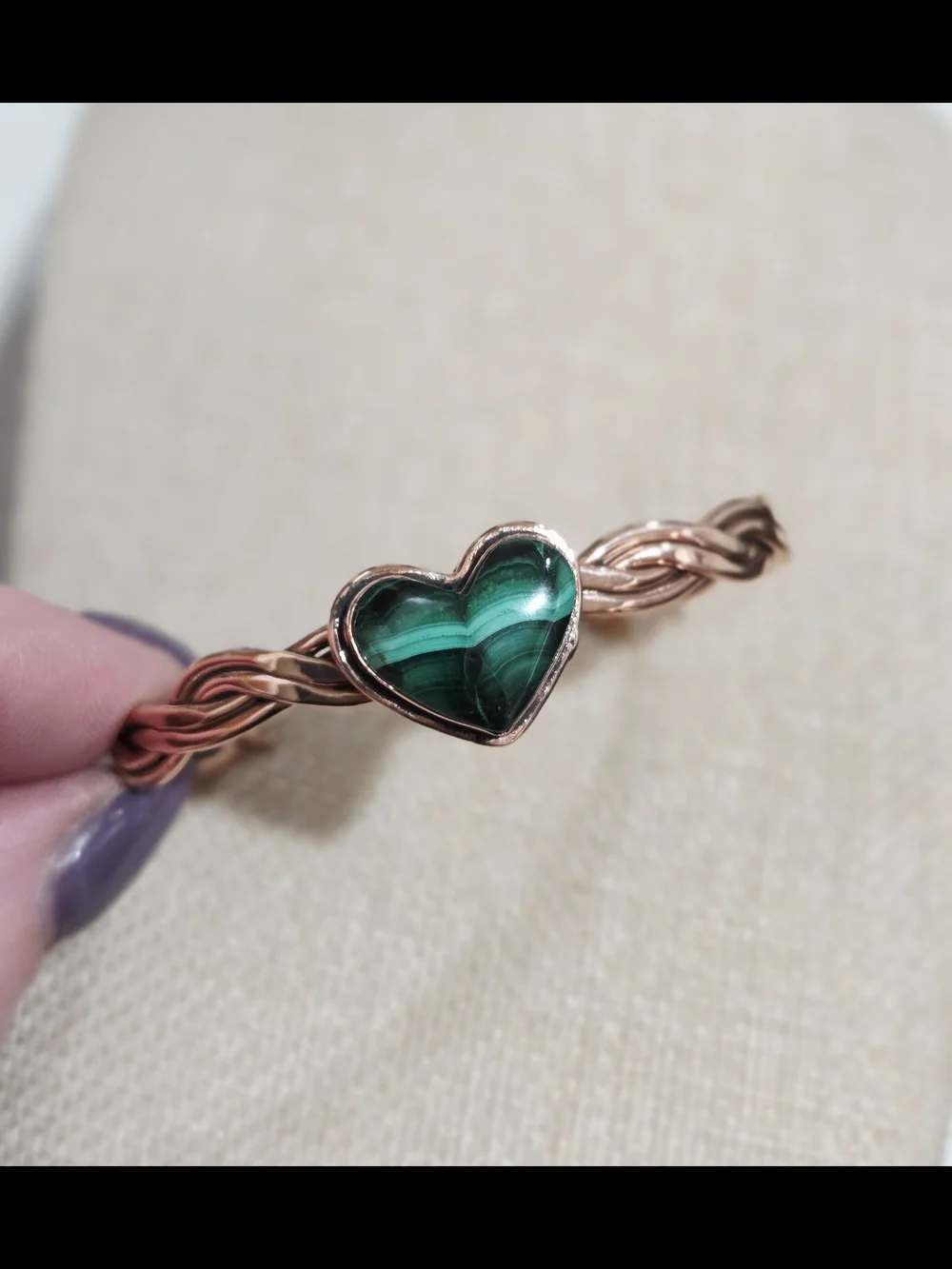 Solid Copper Stone Genuine Malachite Heart Bracelet - - Picture 1 of 5